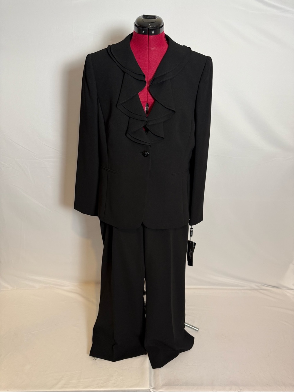 NWT Tahari ASL Pantsuit Women's Size 14P Black 2-Piece Set Blazer & Pants Ruffle
